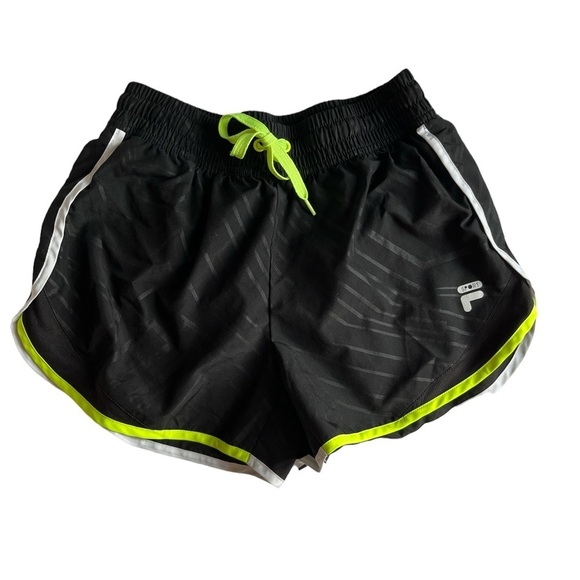 NWOT Fila Sport Women's Athletic Shorts Size S Black W/ White & Yellow Lined - Picture 1 of 3